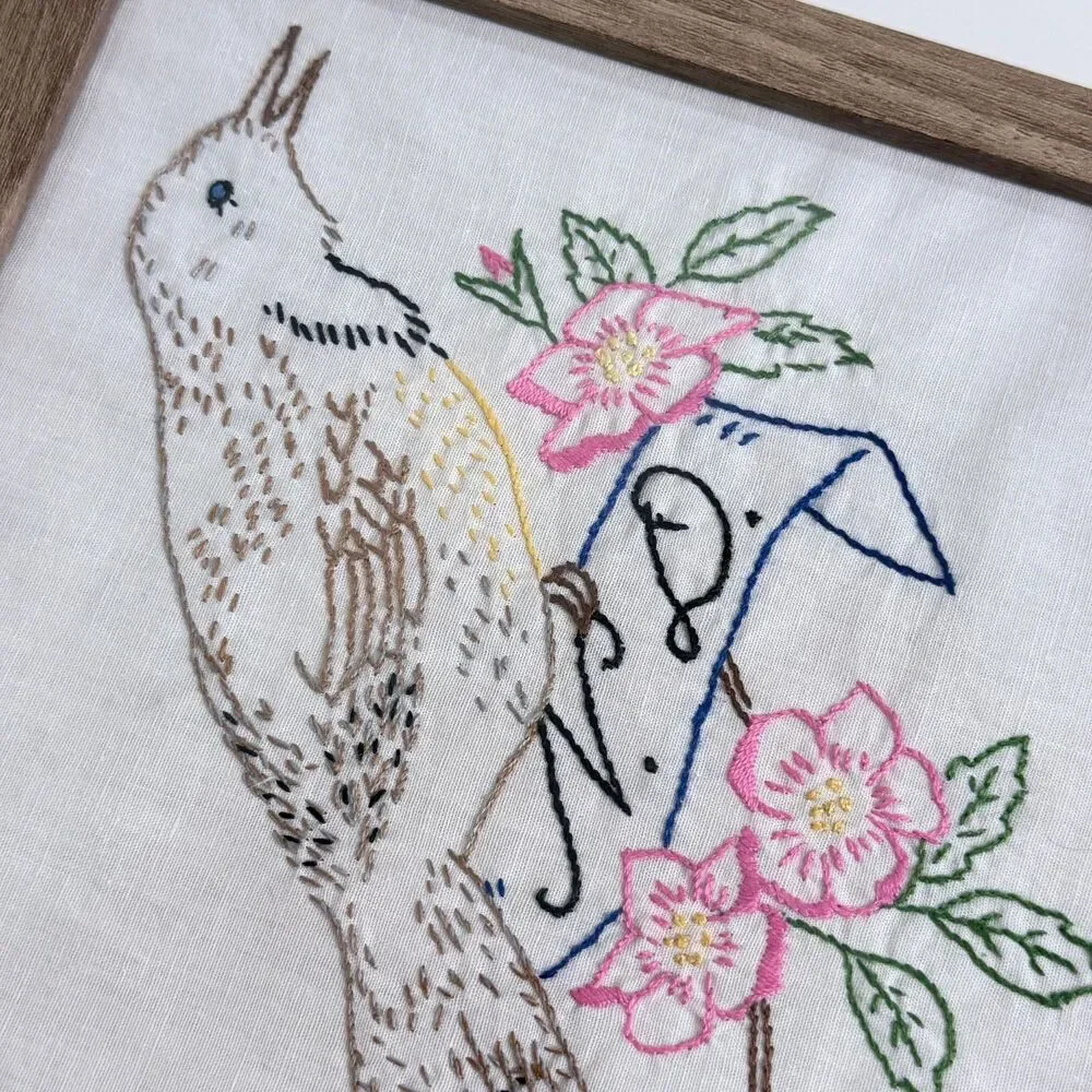 Handmade Vintage Embroidered North Dakota State Bird & Flower Framed 9x9”